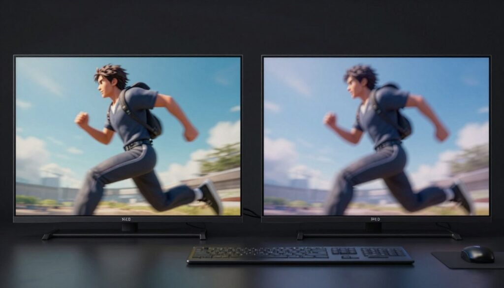 Side-by-side comparison of motion blur in fast-moving game objects on different monitor panel types