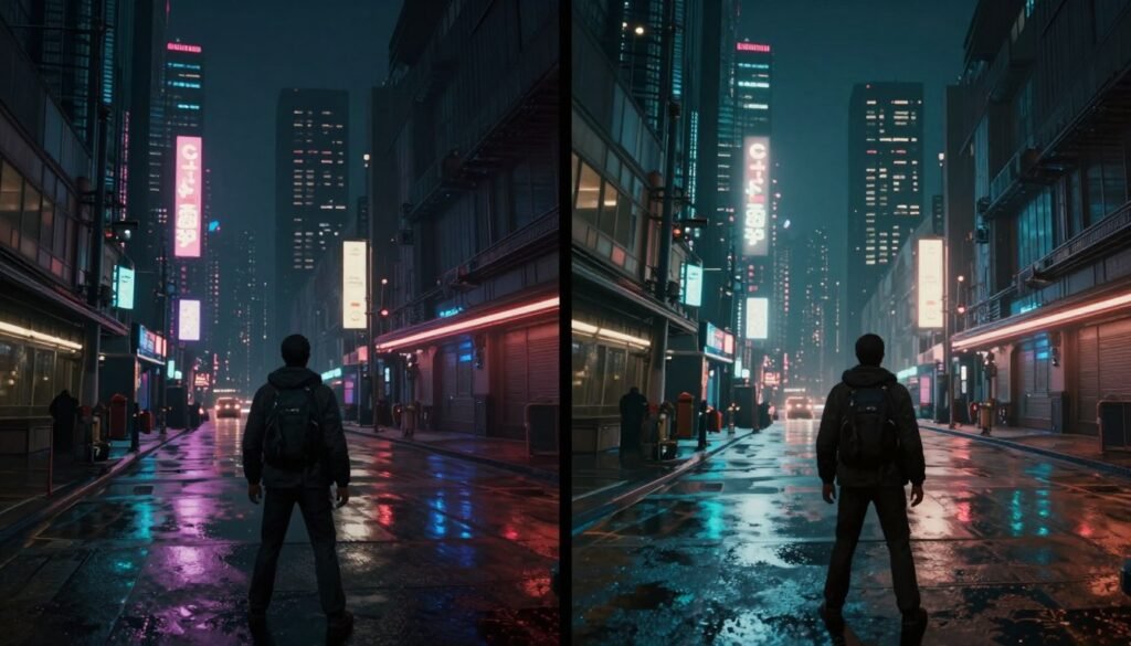 Side-by-side comparison of traditional rasterization versus full path tracing in a modern game