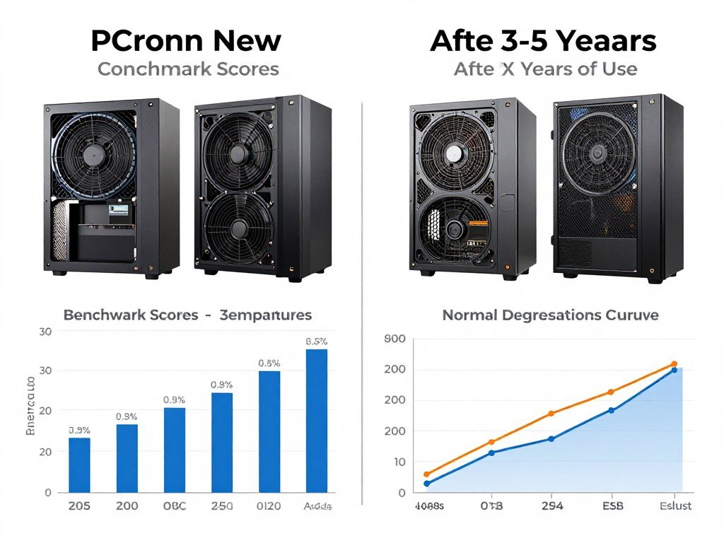 Side-by-side comparison showing benchmark results from new hardware versus same hardware after 3-5 years of use Side-by-side comparison showing benchmark results from new hardware versus same hardware after 3-5 years of use