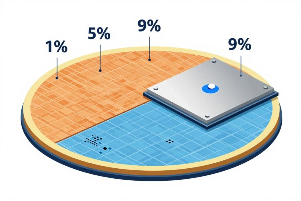 Silicon wafer showing chiplet yields versus monolithic die yields