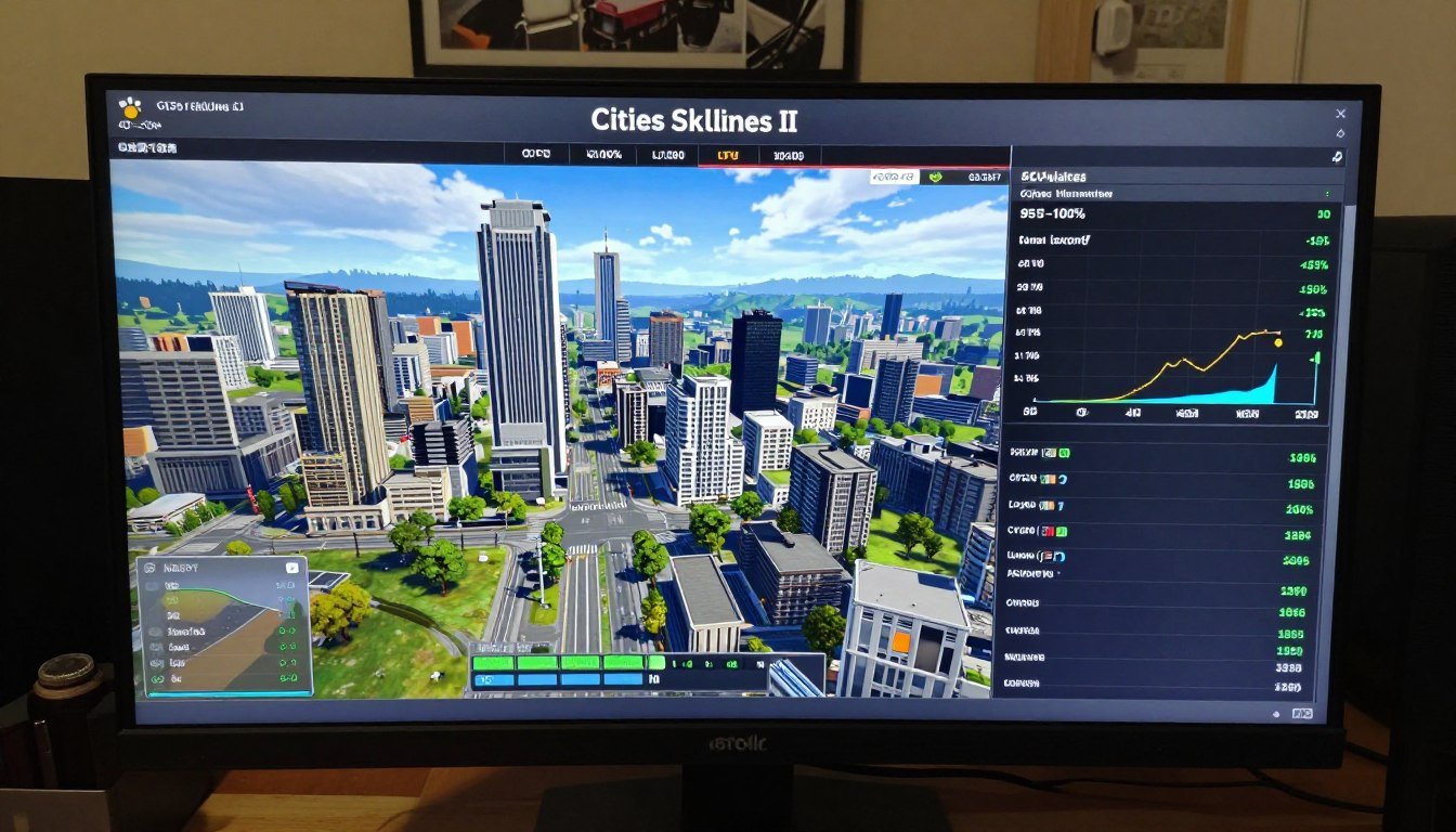 Simulation CPU Demand in Cities Skylines II showing high CPU usage and low GPU usage during gameplay