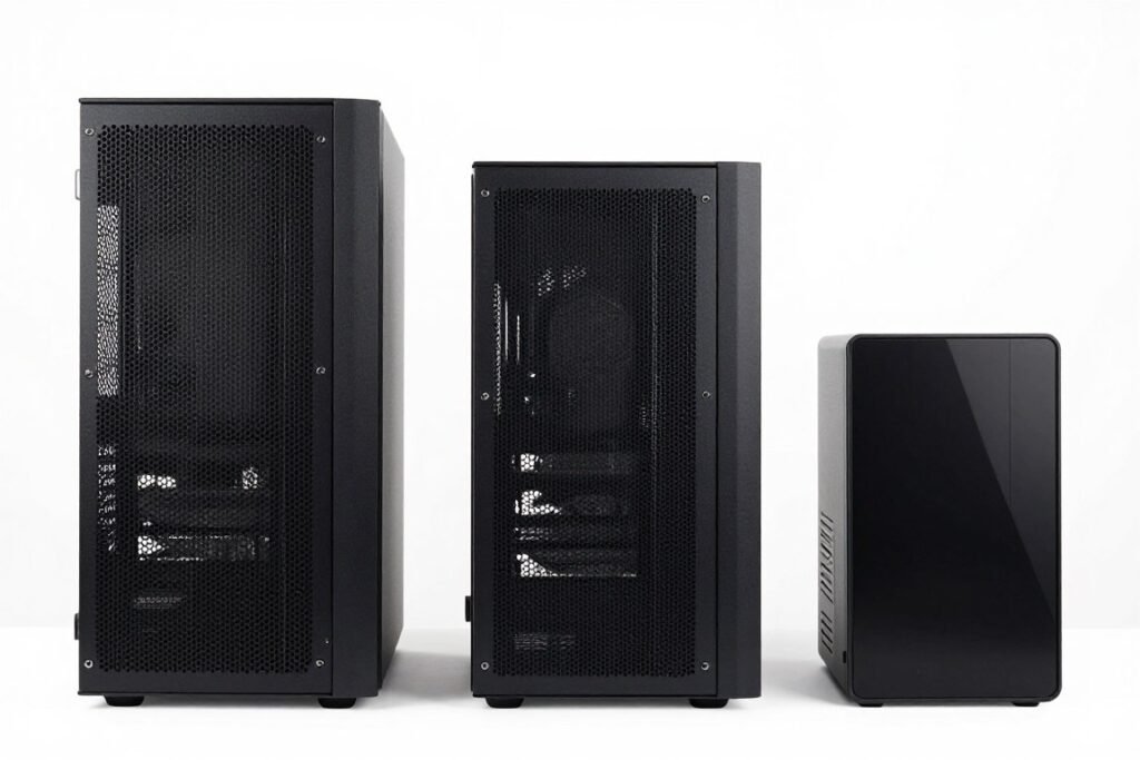 Size comparison of ATX full tower, mid tower, and mini-ITX PC cases showing internal space differences