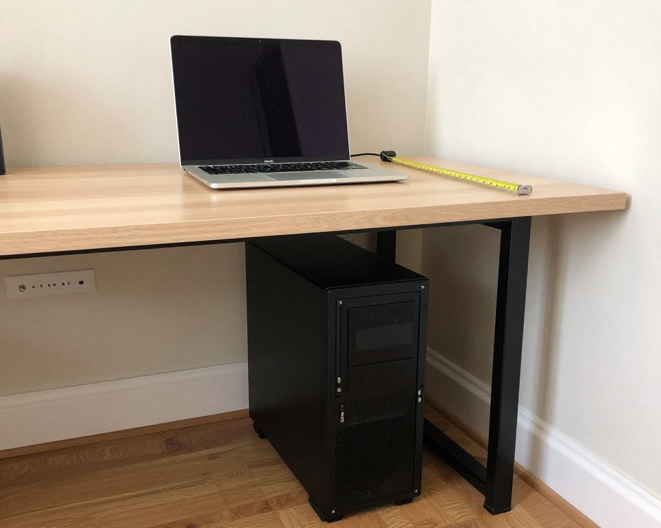 Small apartment workspace showing compact desktop PC setup versus laptop on same desk