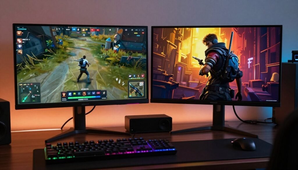 Split gaming setup showing OLED monitor playing competitive FPS and IPS monitor displaying RPG game