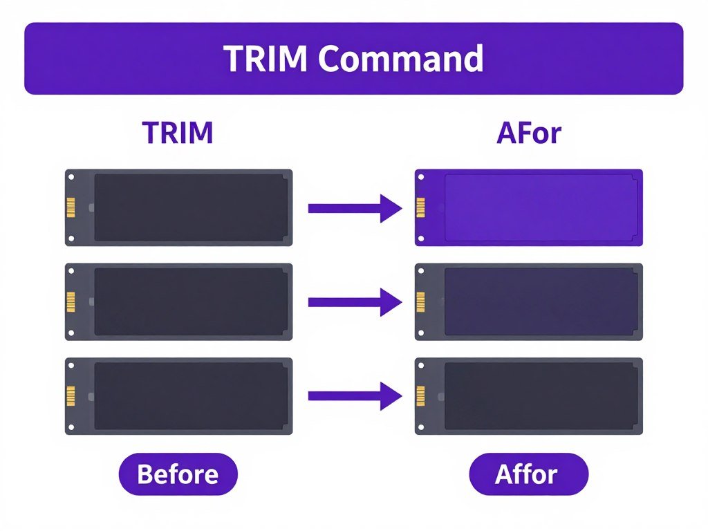 TRIM command operation diagram showing how SSD optimizes storage blocks