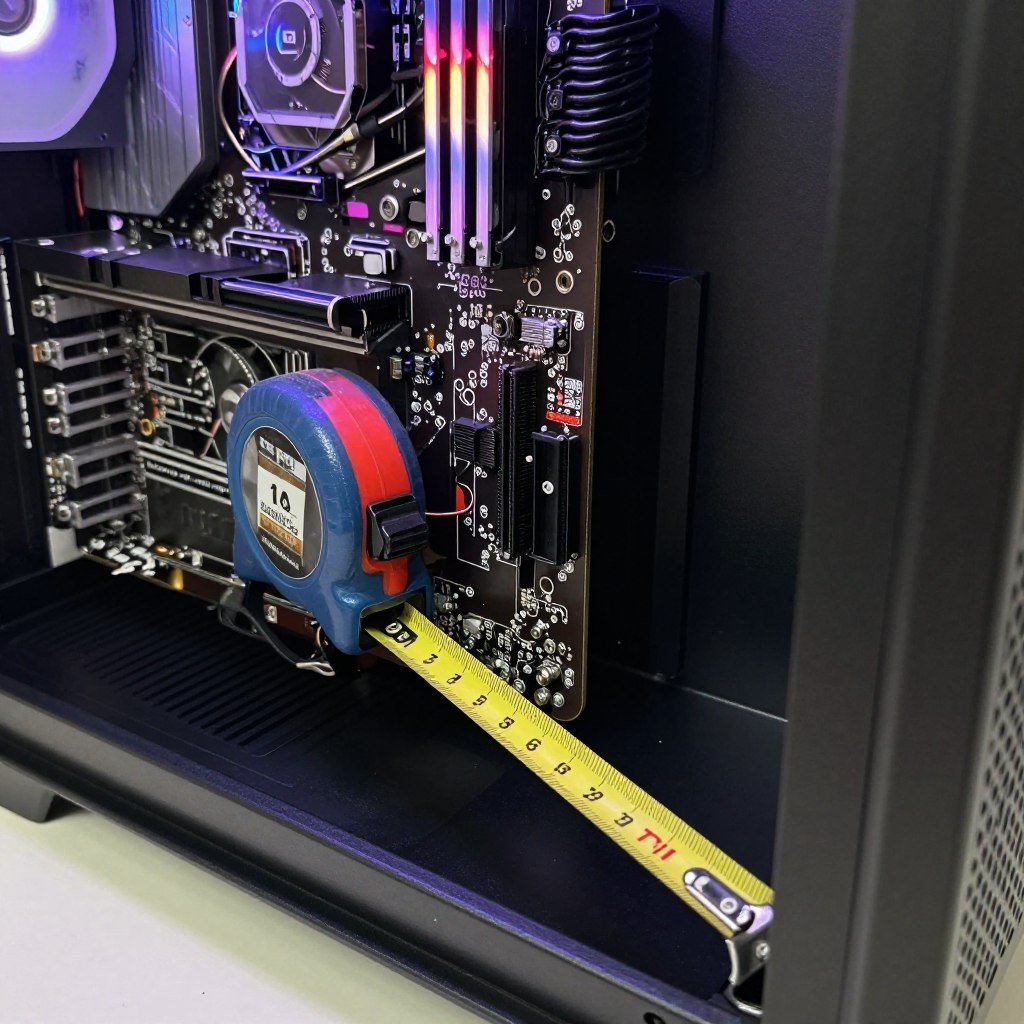 Tape measure showing GPU clearance measurement inside PC case from PCIe slot to front panel