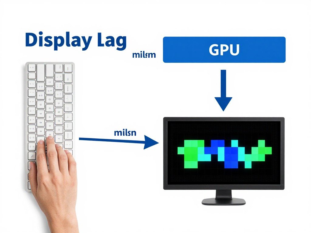 Technical diagram showing display lag measurement from keyboard input to screen pixel change with millisecond timeline