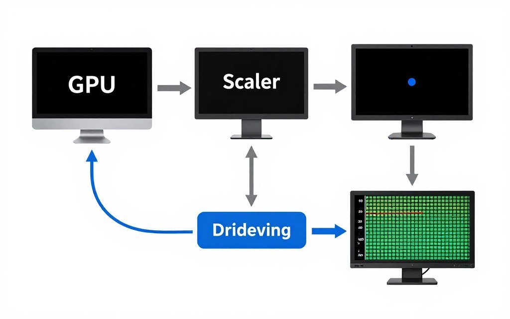 Technical diagram showing display signal pathway and processing steps from GPU to monitor