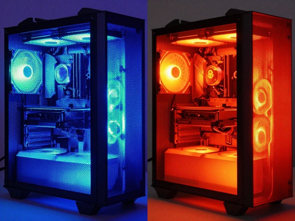 Thermal imaging comparison showing heat distribution in high airflow versus restricted airflow PC cases