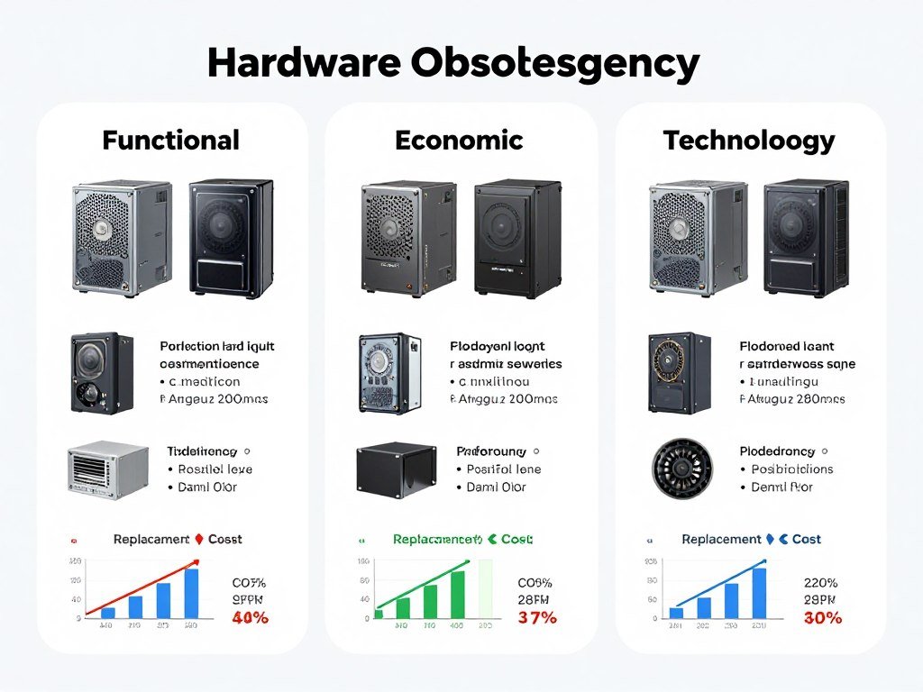 Three categories of hardware obsolescence shown with real-world PC component examples and performance metrics Three categories of hardware obsolescence shown with real-world PC component examples and performance metrics