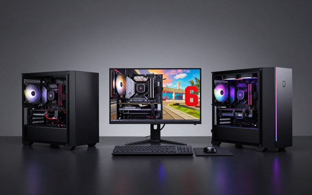 Three complete PC builds displayed side by side representing budget, mid-range, and high-end GTA 6 gaming systems