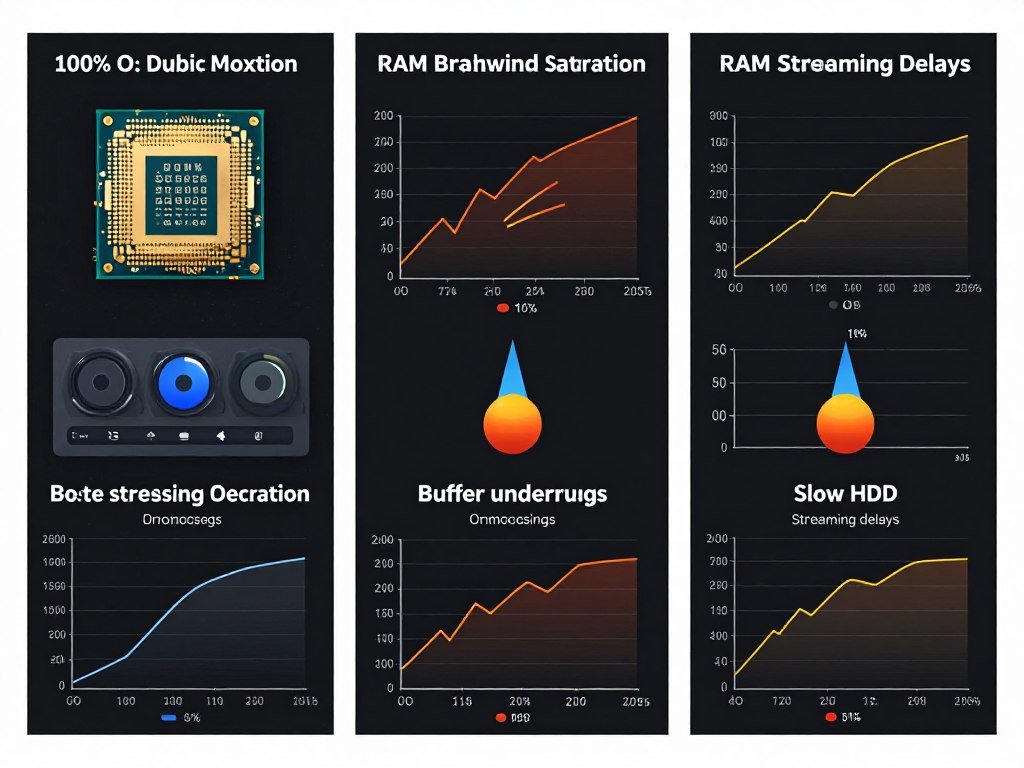 Three-panel comparison showing CPU bottleneck, RAM bottleneck, and storage bottleneck in audio production systems