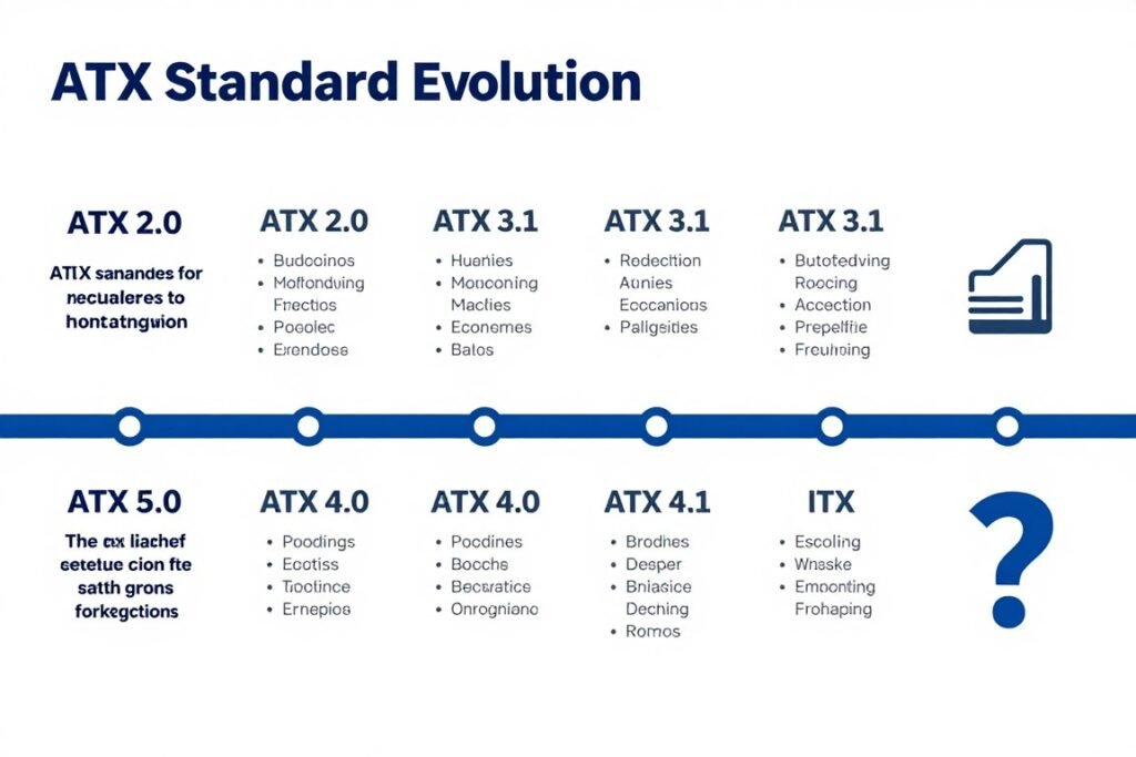 Timeline showing ATX power supply standard evolution from ATX 2.0 to future ATX 4.0