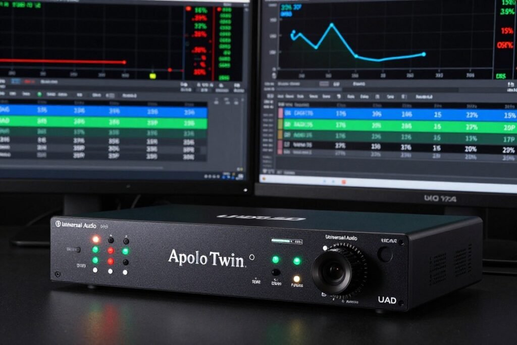 UAD Apollo audio interface with DSP processing showing CPU usage comparison with and without DSP plugins active
