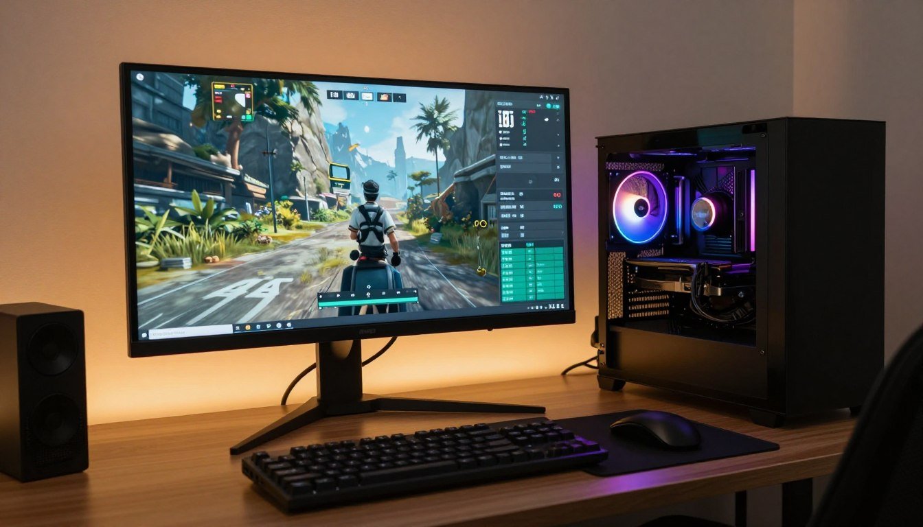 Ultrawide gaming monitor setup showing FPS counter and GPU usage metrics