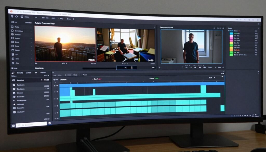 Video editing software with timeline showing RAM usage