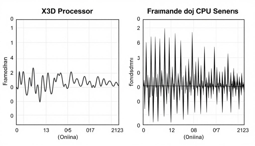 Visual comparison of frame time graphs showing smooth X3D performance versus stuttering standard CPU