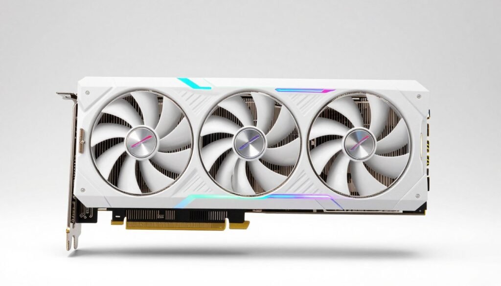 White ASUS ROG Strix RTX 5080 graphics card with RGB lighting