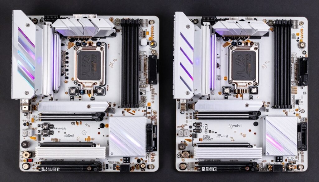 White ASUS motherboard with RGB RAM modules installed