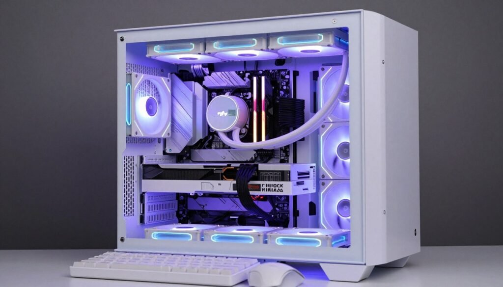 White PC build with synchronized purple and blue RGB lighting