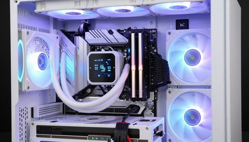 White liquid cooling AIO with LCD screen and RGB fans