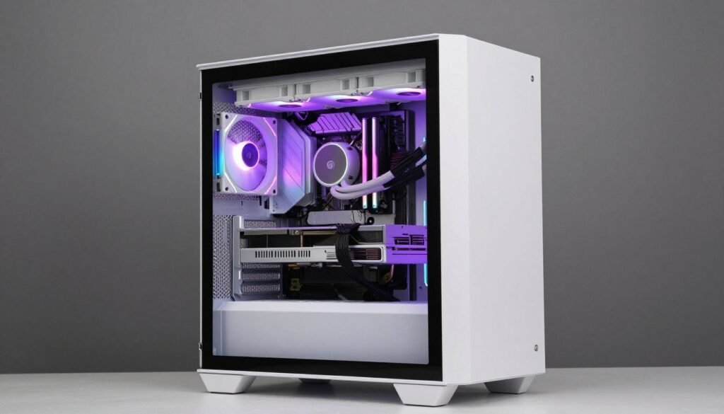 White mid tower PC case with tempered glass and RGB fans