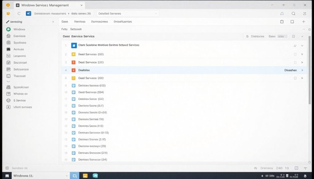 Windows Services management console showing disabled services for DPC latency optimization and system performance Windows Services management console showing disabled services for DPC latency optimization and system performance