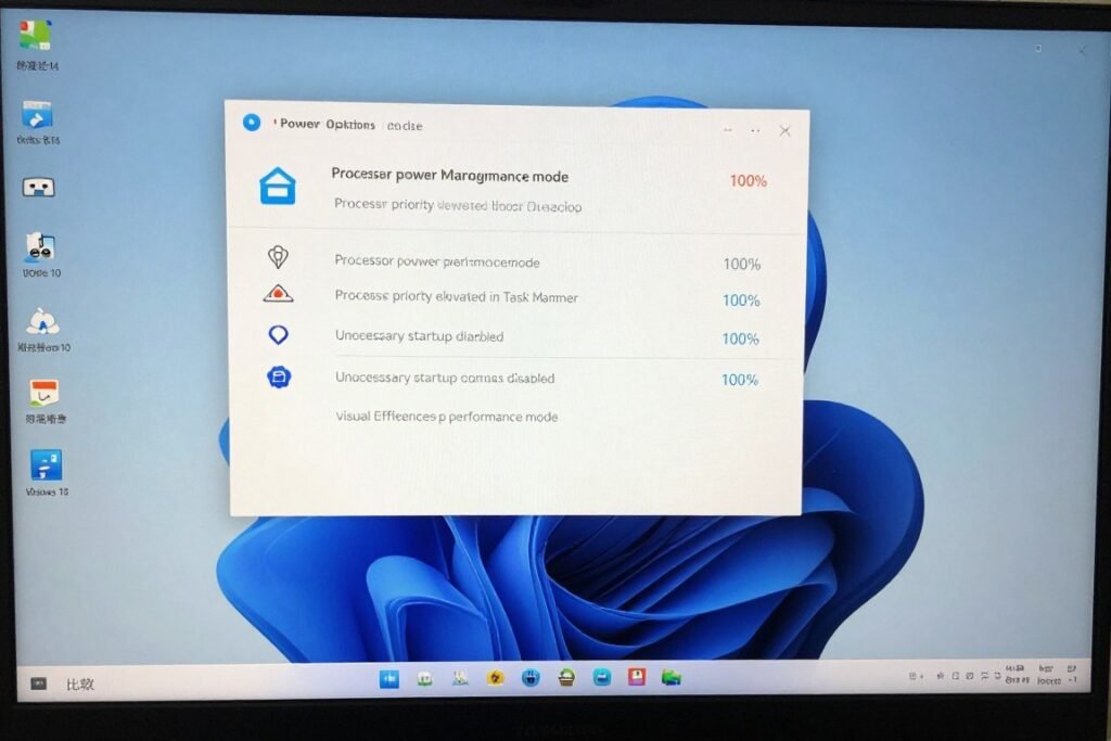 Windows system optimization settings for audio production showing power management and process priority adjustments