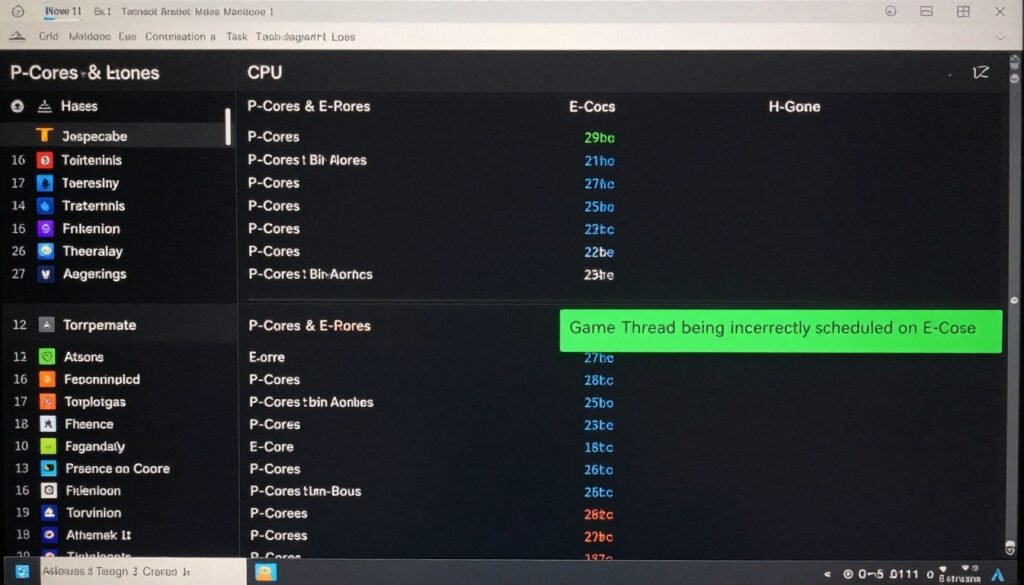 Windows task manager showing P-core and E-core utilization