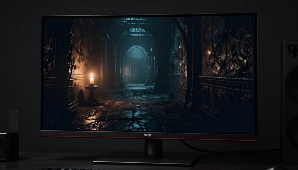 atmospheric horror game displayed on OLED showing perfect blacks