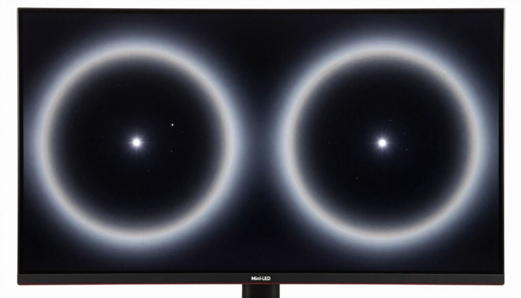 blooming effect demonstration on Mini-LED monitor in dark scene