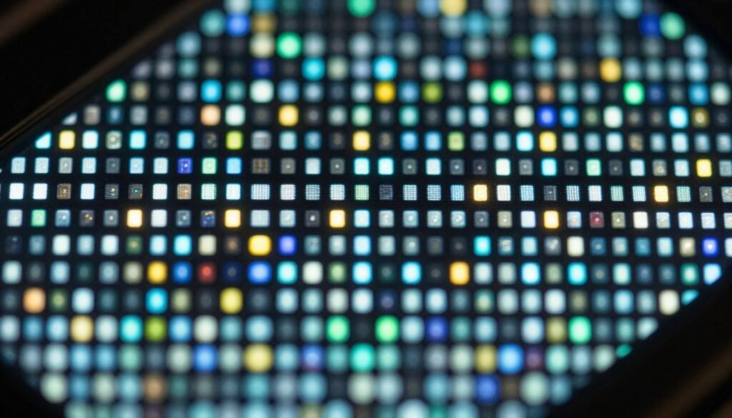 close-up of OLED monitor pixel structure showing self-emissive technology