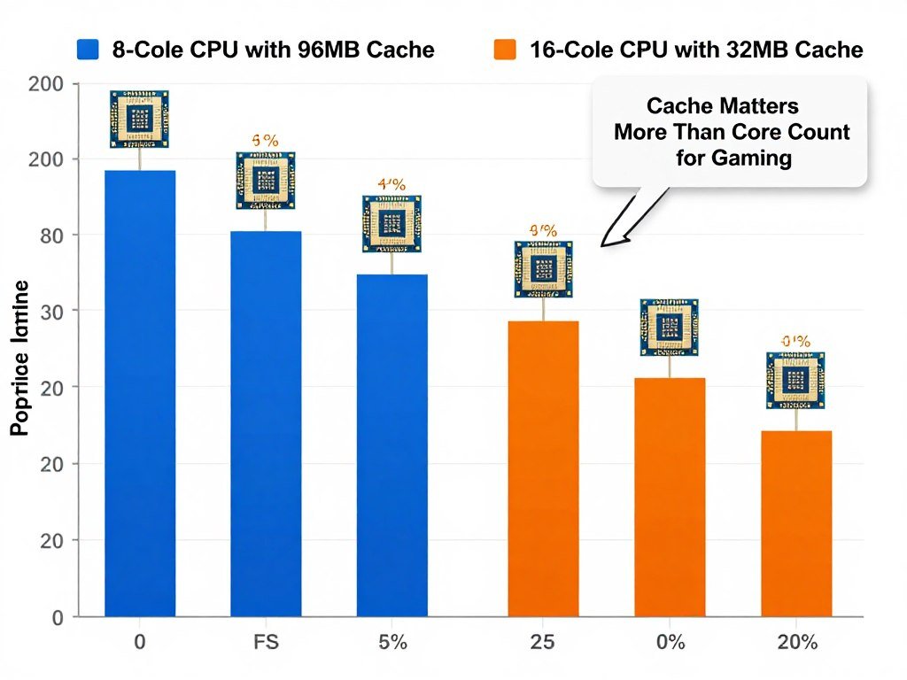 comparison chart showing 8-core CPU with large cache beating 16-core CPU with small cache in gaming