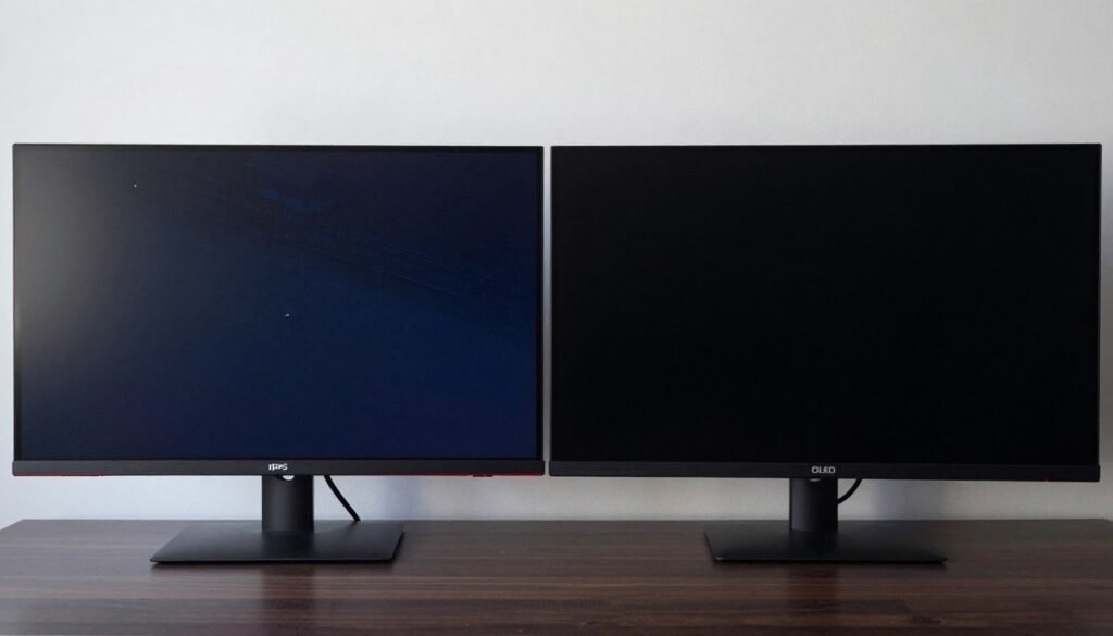 comparison of old IPS monitor with backlight bleed versus modern OLED display