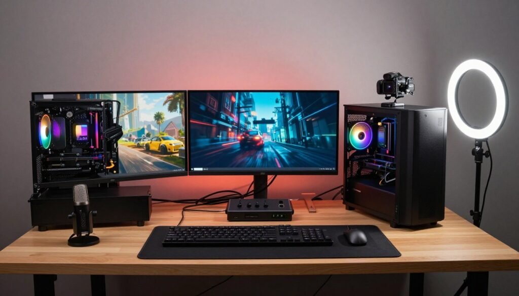 complete streaming setup with gaming PC and production equipment
