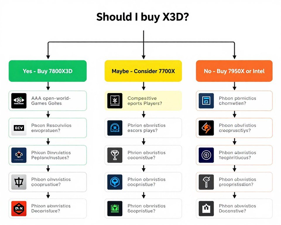 decision flowchart for buying AMD X3D CPU showing different gaming scenarios and recommendations