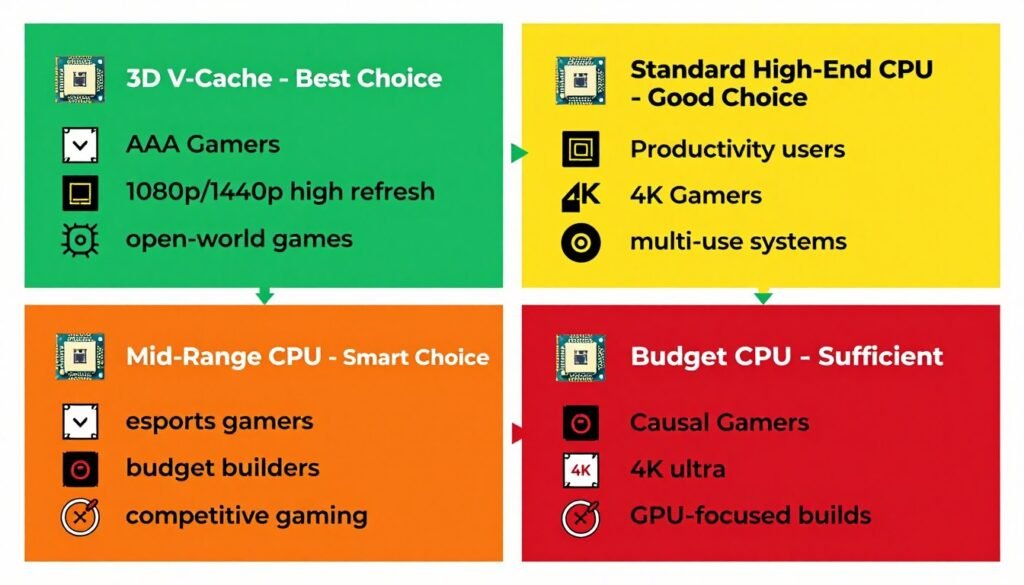 final verdict summary showing when to buy 3D V-Cache versus standard CPUs with decision matrix