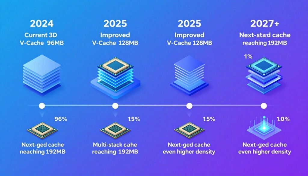 future CPU cache technology roadmap showing evolution from 2024 to 2027 with increasing cache sizes