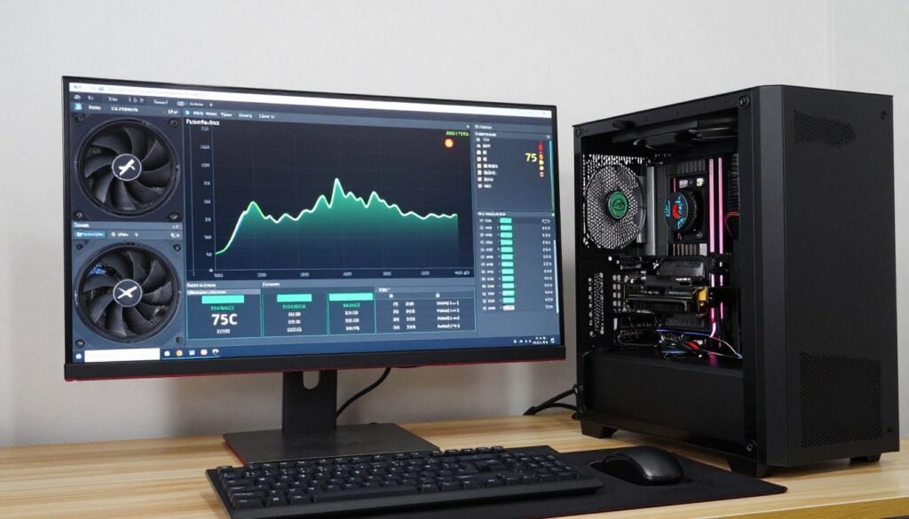 gaming PC running stress test benchmark on monitor showing GPU temperature