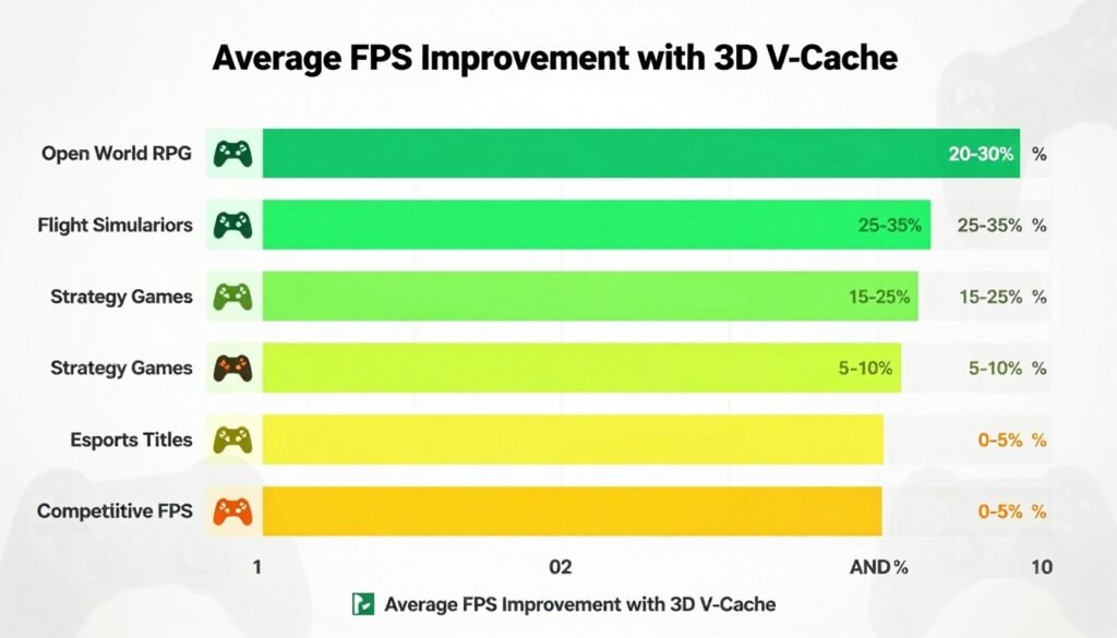 gaming performance bar chart comparing FPS gains with 3D V-Cache in different game genres