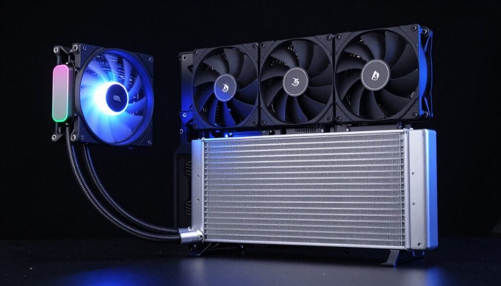 liquid cooler AIO system showing radiator pump block and tubes