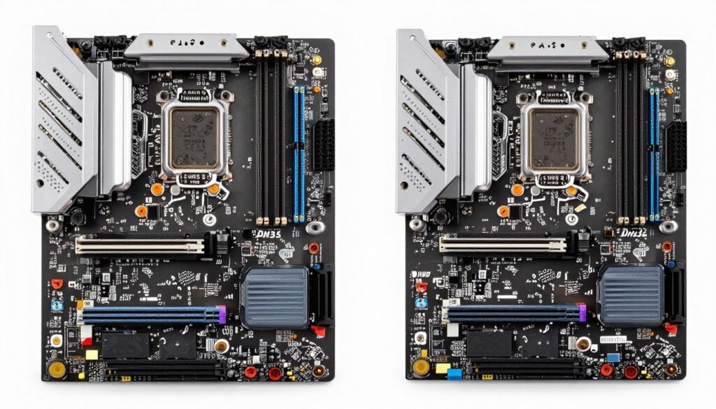 modern ATX motherboard with AM5 socket and DDR5 memory slots