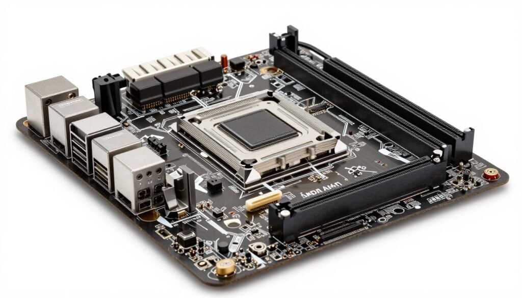 modern motherboard with highlighted VRM and connectivity features