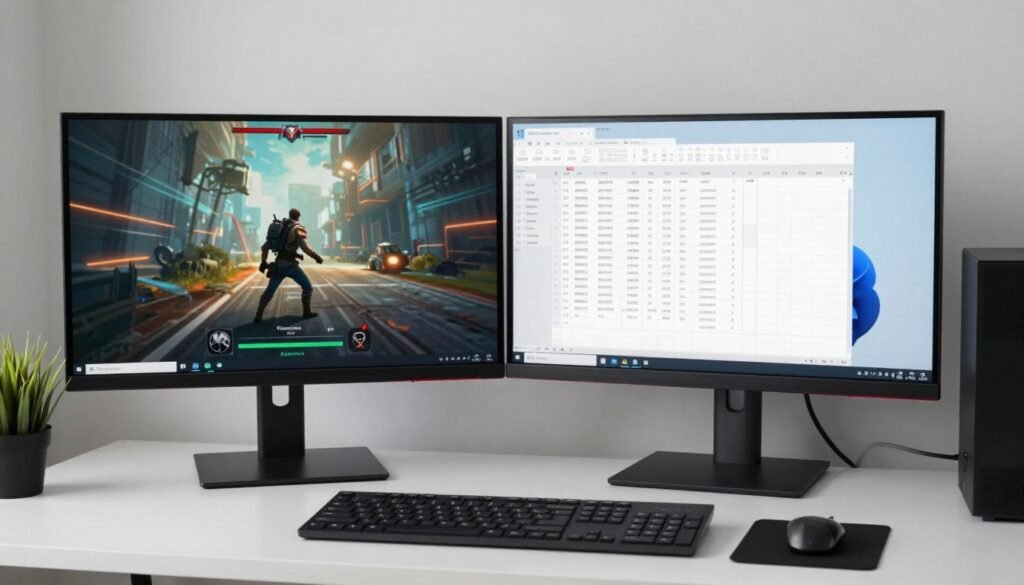 monitor displaying split screen of gaming and productivity work