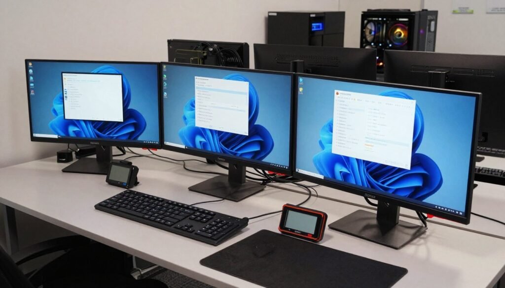 multiple gaming monitors on desk showing OLED and Mini-LED side by side