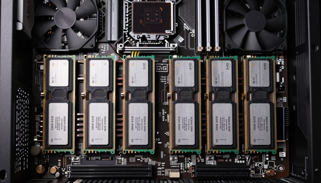 quad-channel ram configuration showing four memory modules installed across four memory channels on workstation motherboard