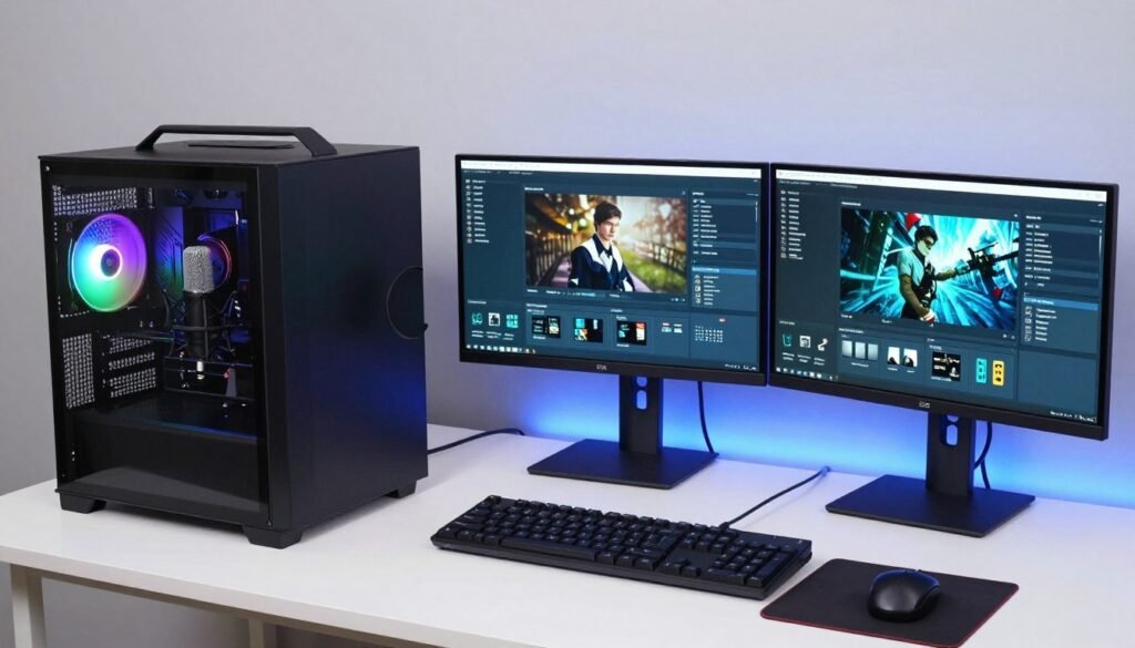 streaming setup with mid-range gaming PC and professional microphone