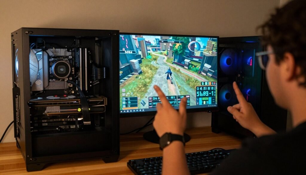 successful gaming PC build powered on showing performance metrics