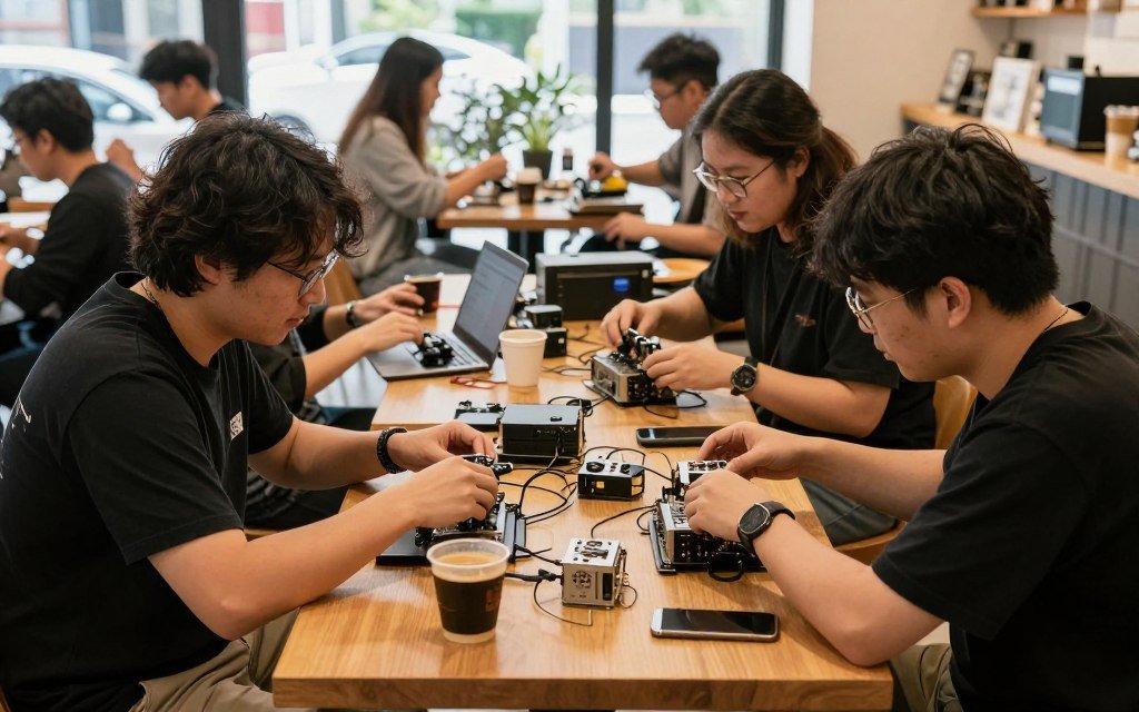 two people meeting to exchange computer hardware in public space