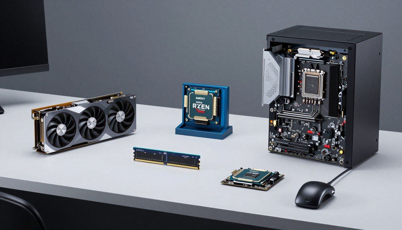 used pc parts 2024 components on workbench with modern motherboard and graphics card